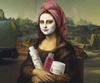 Mona Lisa holding Avitae skincare products with a desert landscape background